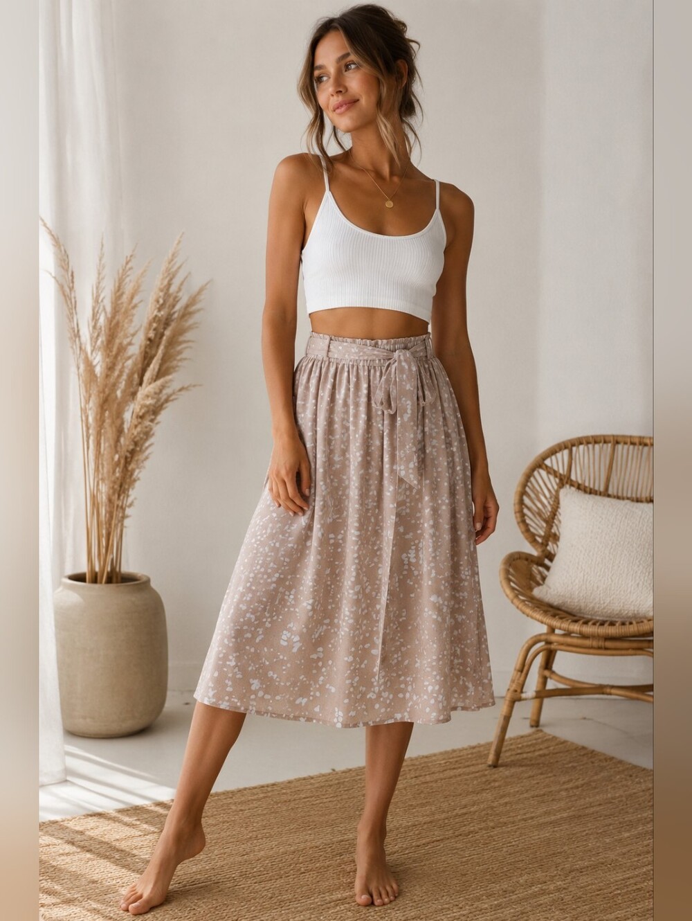 Shein long Skirt With White Polka Dots Bow  Tan Maxi Modest Lightweight Flowy